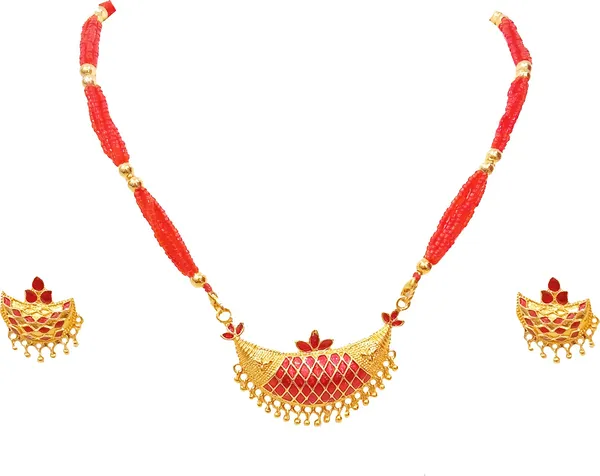 Assamese_Traditional_Gold_Plated_Red_Colour_Joonbiri_Tassel_Jewellery_Set_For_Women